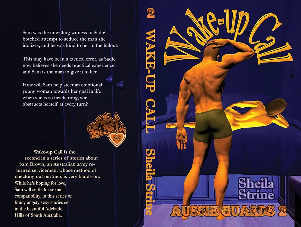 A flat book cover has the book cover image designed earlier on the right, and text for the back of the book on the left, with a spine saying 2, Wake-up Call, Sheila Strine in the middle.