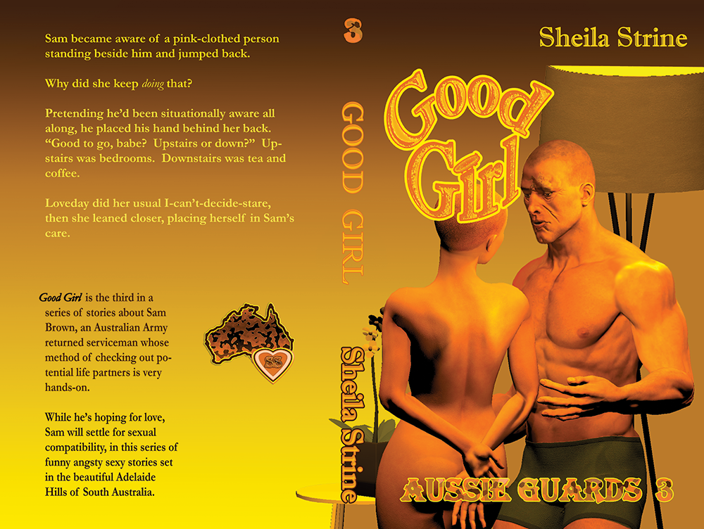 Full book cover featuring a muscled man in running shorts standing by a lamp facing a bare nearly-bald slender girl with her hands behind her back.  The title is Good Girl by Sheila Strine, Aussie Guards 3.  The back cover has text describing a scene in the book and the overall series as well as the Sheila Strine logo.