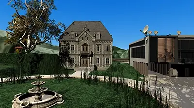 Under a clear blue sky, a circular garden has a large ornate fountain in the center and behind it is a large gum tree with a tree house behind it and two buildings beside it. A mansion has tall ornate windows on the first two stories and attic windows beside an ornate stone gable. An unusual blocky building has three stories and an open garage.  It bears a number of satellite dishes and a hint of solar panels on the roof.