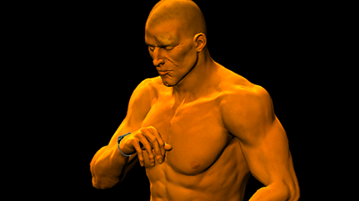 A muscled man with a scar above his left eye and a bare torso looks down at the watch on his wrist.