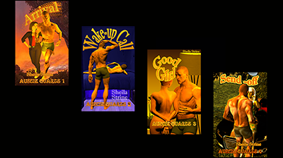 Four book covers by Sheila Strine have the same muscled man in running shorts on the cover.  From left to right, Arrival shows the man running through Australian bush in the sunset being whistled to by a girl in jeans with her hands on her hips; Wake-up Call shows the man holding his hand to his head in perplexity as he looks at the back of a naked woman on a bed in a motorhome; Good Girl shows the man standing near a lamp next to a bare girl with very short hair with her hands behind her back, and Send-off shows the man about to embrace a woman in a sundress wearing lots of jewellery leaning back on a luxury car.
