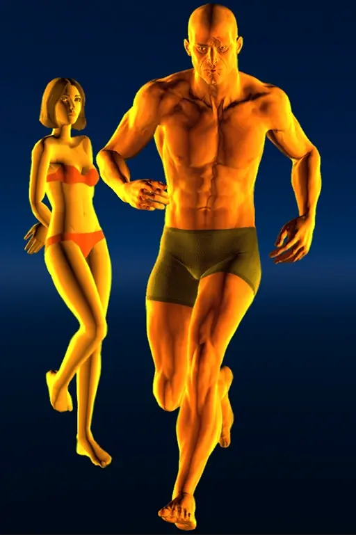 Under a night sky, a muscled man in running shorts runs past a slender girl in red underwear. She has her hands behind her back and one foot lifted in a flirtatious pose.