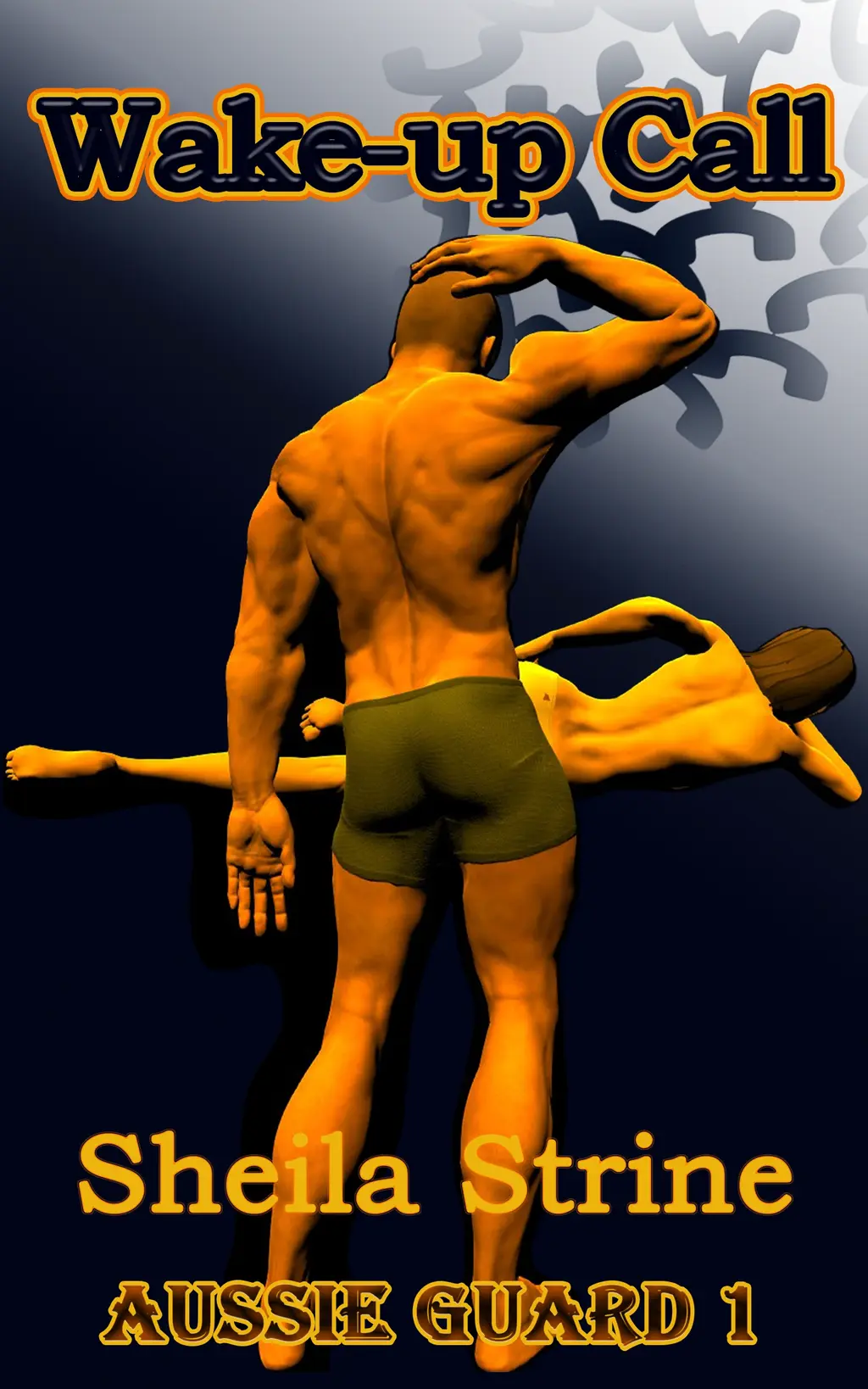 A muscled man in running shorts stands in an attitude of puzzlement with his hand on his head, facing a woman lying sideways with her naked back to him.  She appears to be wearing only underpants.  The title Wake-up Call goes straight across and stands out from the page.  There are telephone receiver icons in the top right corner but they are more faded than before.  The author name is Sheila Strine and the series number Aussie Guard 1 (no ‘s’) is boldly outlined.
