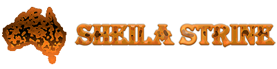 A map of Australia has been filled in with faux orange-and-brown camouflage and beside it the name Sheila Strine is made up of matching camouflage-style letters.