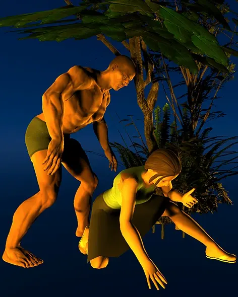 Under a dark blue night sky, a muscled man in running shorts bends over a girl crouched on the ground beside trees. She is bringing one hand to her face as if in some sort of distress.