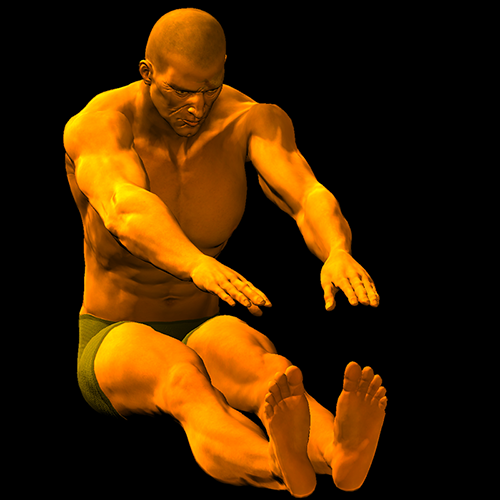 A muscled man in running shorts is sitting with his arms outstretched in a classic sit up pose.