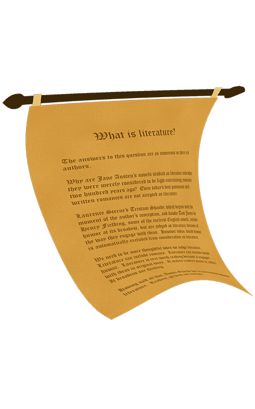 A twisted parchment attached to a rod has old-fashioned letters spelling out the title What is literature? 5 paragraphs follow but they are hard to read.