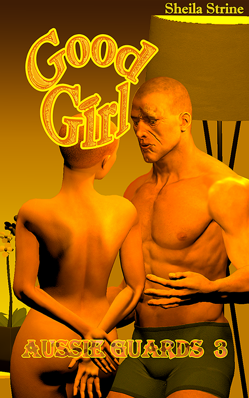 Book cover featuring a muscled man in running shorts standing by a lamp facing a bare nearly-bald slender girl with her hands behind her back.  The title is Good Girl by Sheila Strine, Aussie Guards 3. 