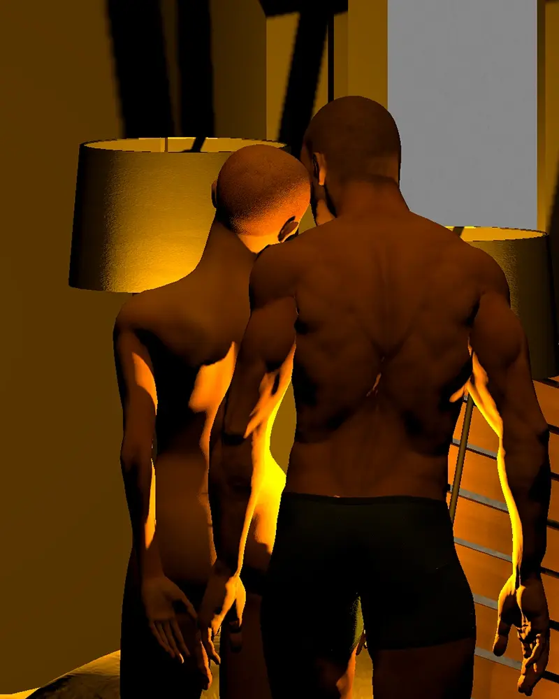 In a motel-style bedroom beside the window, a muscled man in running shorts stands behind a naked girl with very short hair who stands with her back to him, touching her forehead to his cheek. They are brightly lit by standing lamps. A pot plant casts a shadow on the wall beside them.
