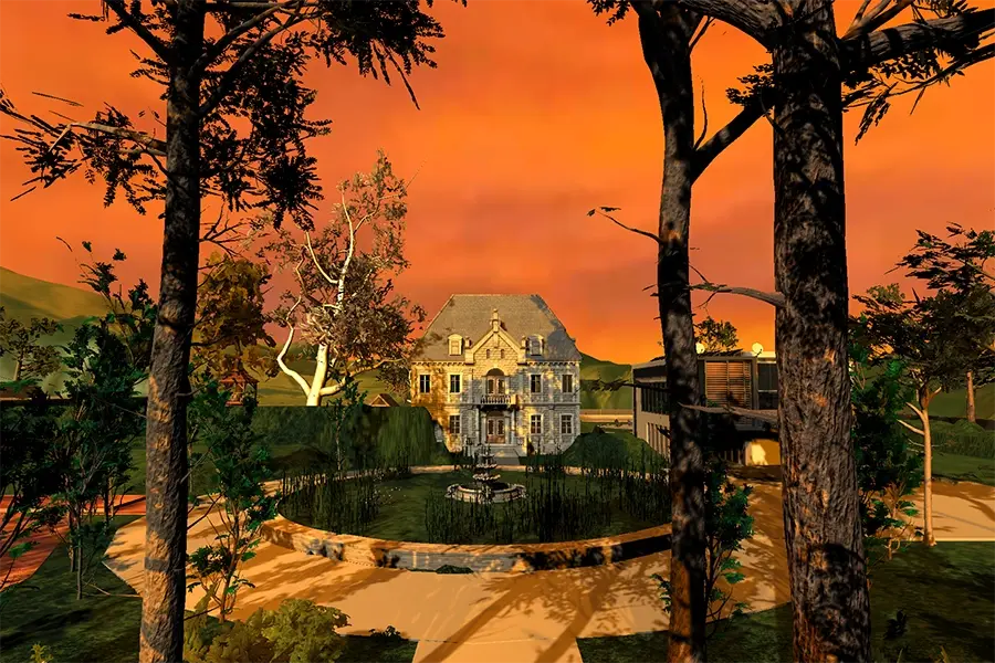 Under a bright sunset, between tree trunks, we see a mansion behind a circular garden which has a large ornate fountain in the center. Beside it is a large gum tree partly hidden by a hedge. On the other side, behind trees, is a blocky building festooned with satellite dishes.