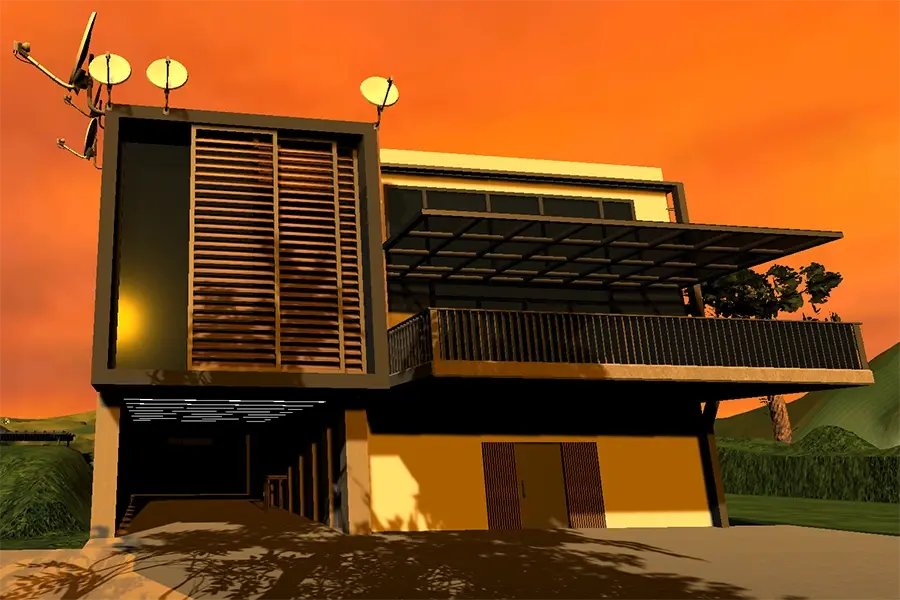 Under a bright sunset, a large boxy building has a balcony on the first of its three stories, dark windows, and a poking-out section with louvred windows. Satellite dishes are attached at the top.