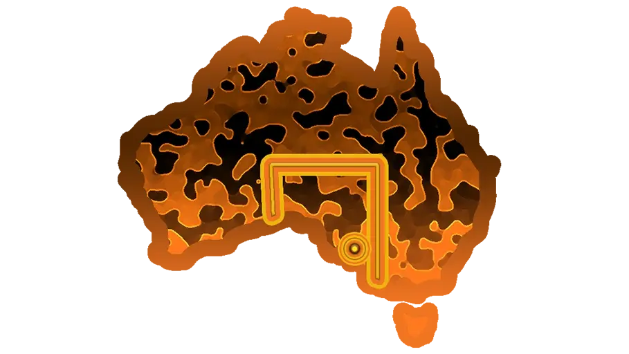 Stylized map of Australia filled in with faux bright camouflage using desert brown, tan and gold colours. A rectangle is outlined in the bottom middle with a dot outlined in the bottom of that, on the coast.